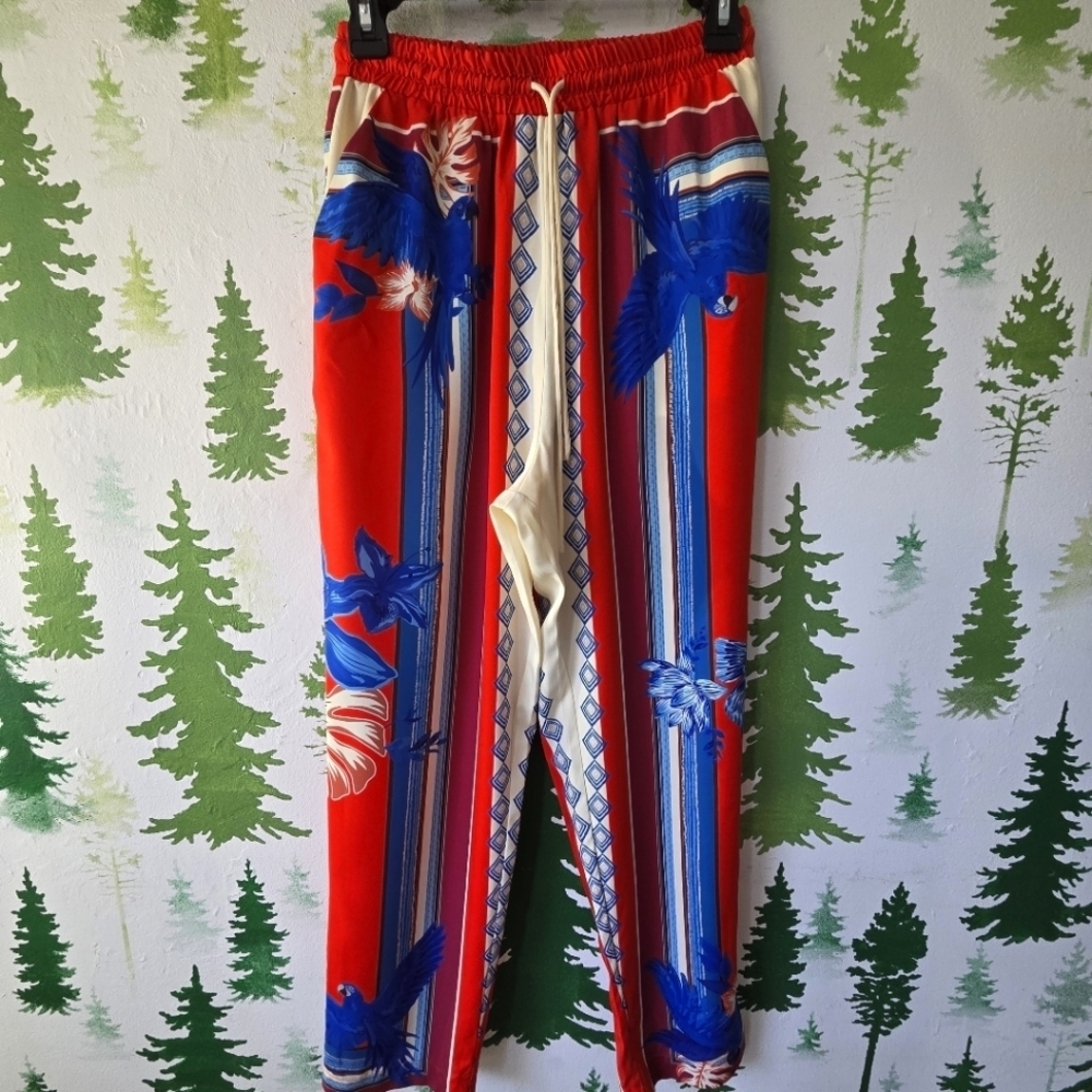 Vibrant Milk & Honey Red and Blue Bird Print Pants